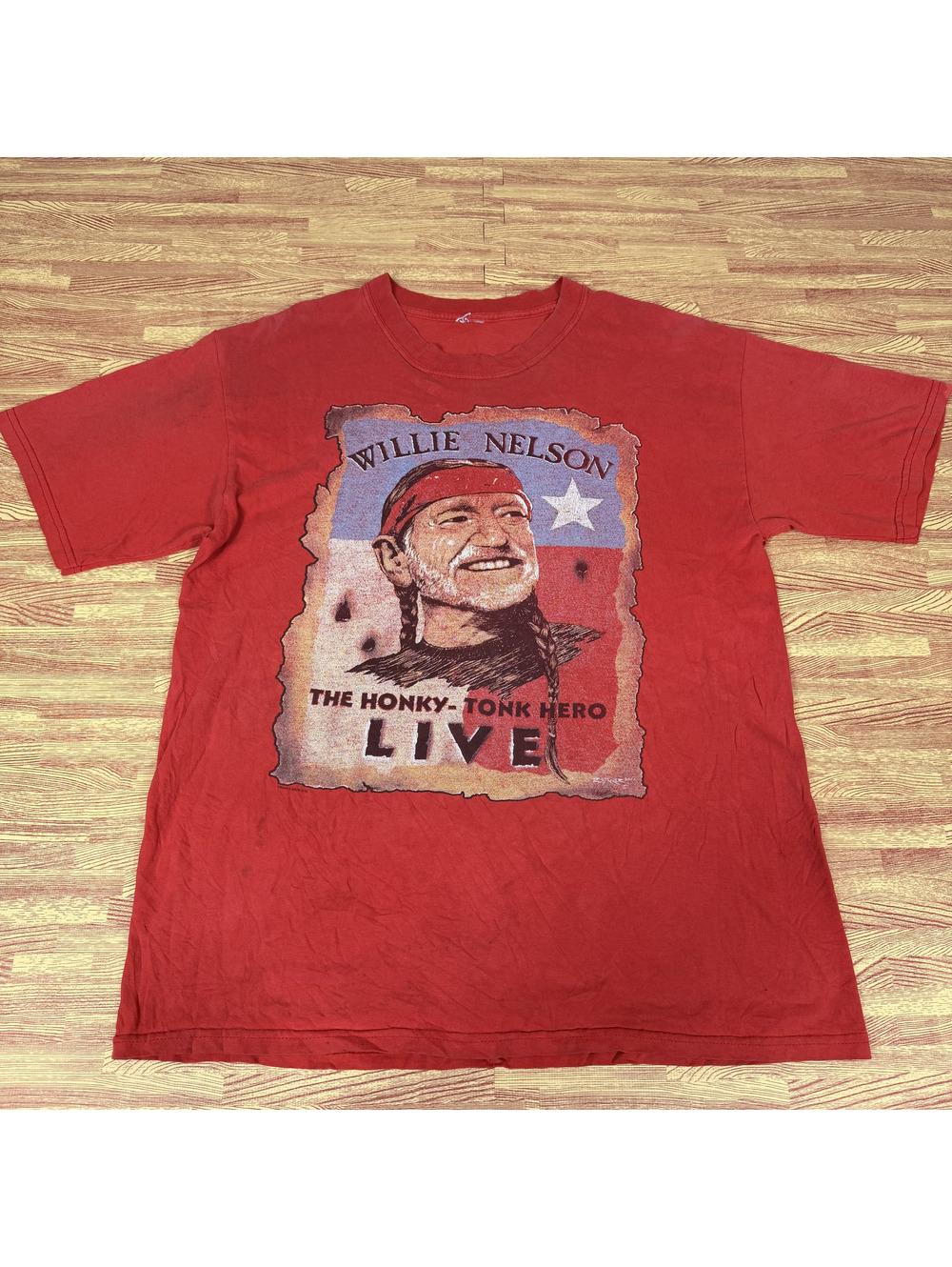 Vintage Willie Nelson Honky Tonk Hero Live Red T-Shirt XL Double Sided